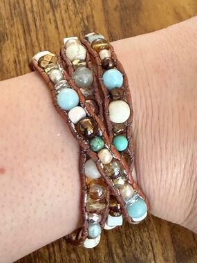 Leather and beaded wrap bracelet